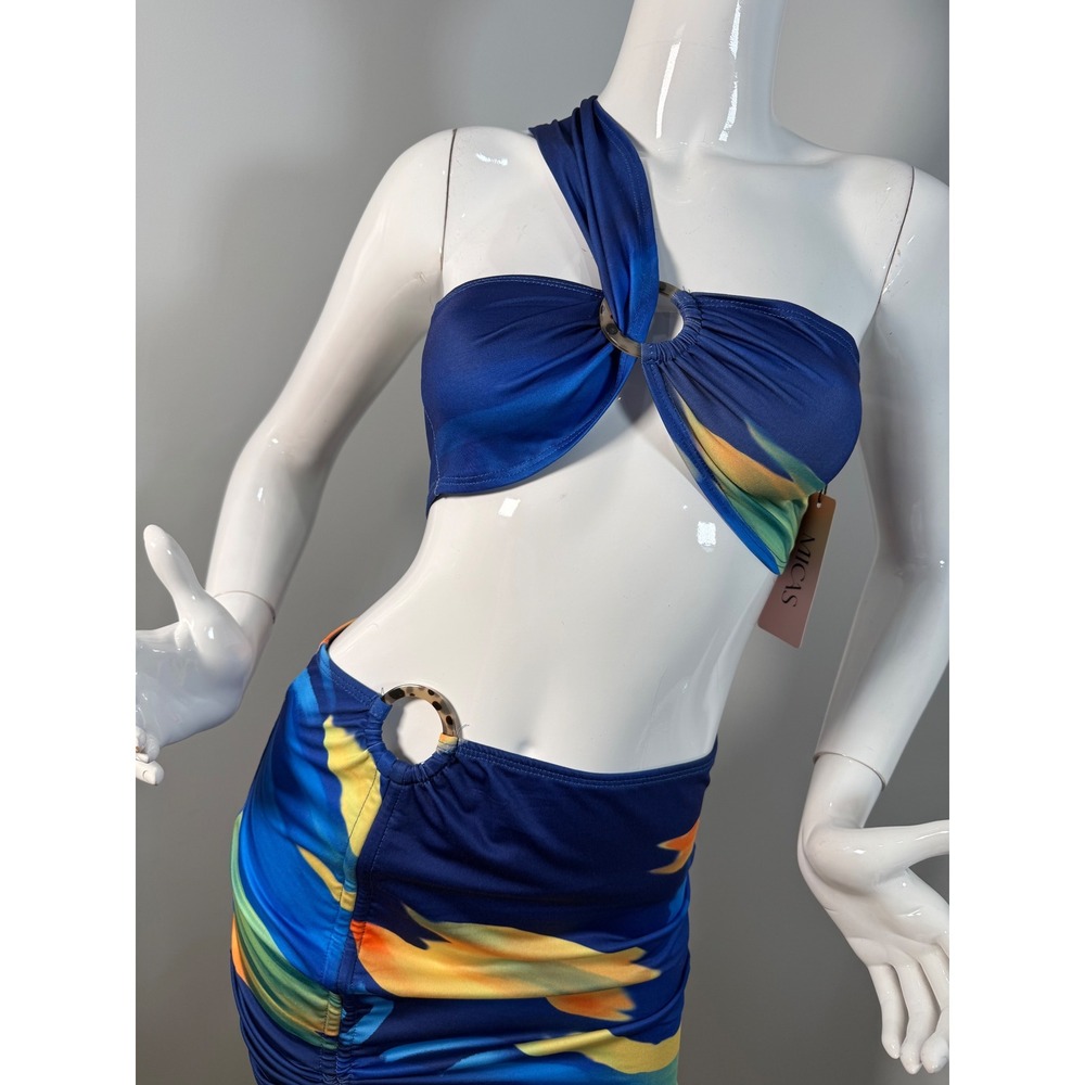 MICAS Multi Print One Shoulder Crop Top And Ruched Drawstring Mini Skirt Set M - Picture 11 of 13